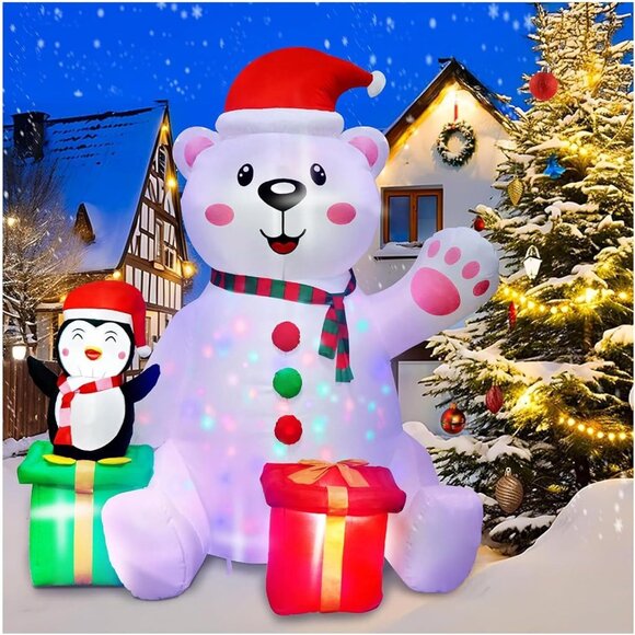 6FT Christmas Inflatables Polar Bear w Penguin Yard Decorations w LED Lights - Picture 1 of 3